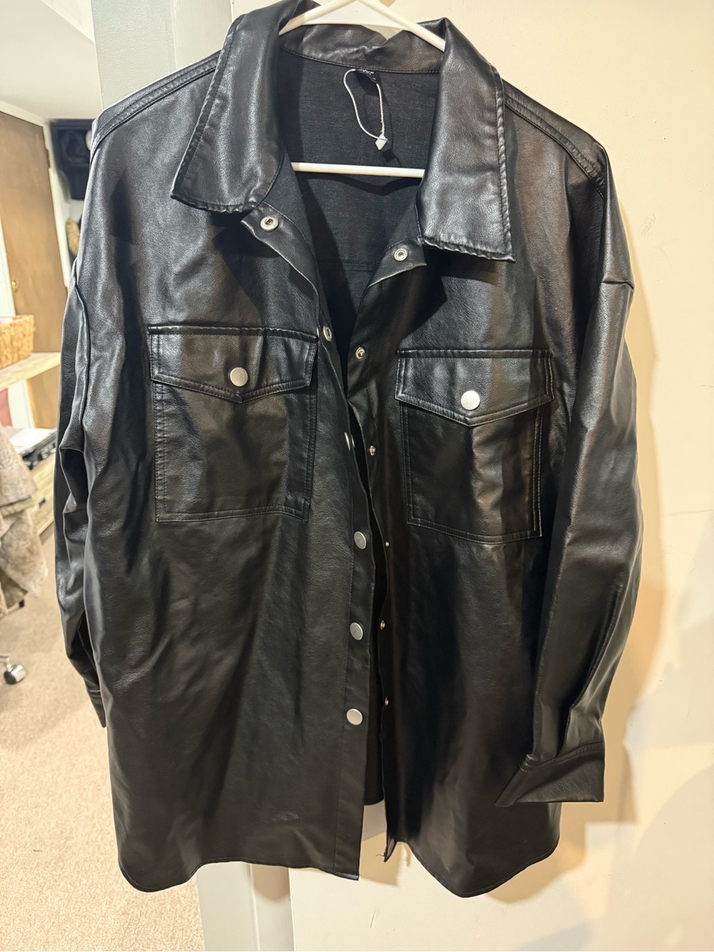 Black Faux Leather Shirt Jacket - Women